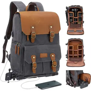 Camera Backpack - Weather Resistant 16 Ounces Waxed Memory Canvas - DSLR SLR Backpacks with 15.6" laptop sleeve compartment and Tripod Holder for Photographers - leather Style (Dark Grey)
