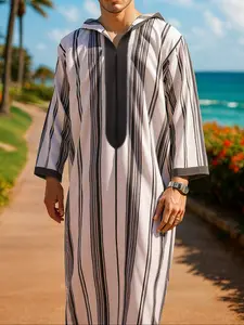 Men's Middle Eastern Traditional Robe, Moroccan Style Hooded Loose Fit, Striped Traditional Long Gown, Casual Muslim Clothing, Thobe
