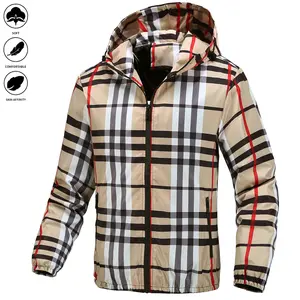 Men's jacket - Full zipper design, with pockets, casual style, perfect for autumn/winter wear, hooded collar, regular cut, checkered pattern, men's jacket.