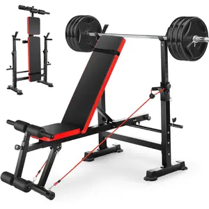 VIBESPARK Adjustable Weight Bench Set 6 in 1 Bench Press Workout Bench with Barbell Rack Removable Foot Bracket, Pairs of Resistance Bands for Home Gym Training VIBESPARK Weight Bench