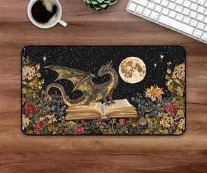 Bookish Dragon Desk Mat, Fantasy Book Lover Mouse Pad, DnD or RPG Gamer Gift1