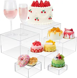6Pcs Clear Acrylic Boxes for Display Food Risers Buffet Table Party Cupcake Candy Dessert Acrylic Nesting Risers with Hollow Bottoms for Cube Boxes and Plates