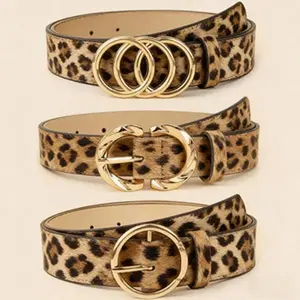 Women’s fashion leopard-print belt set: stylish gold multi-buckle design, three-ring C-shaped round buckles, adjustable multifunctional belts suitable for jeans, dresses, everyday casual wear, and party outfits; fits most waist sizes.
