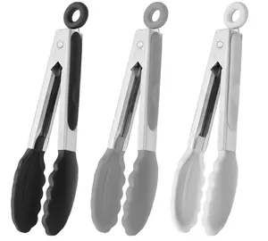 HINMAY Small Silicone Tongs 7-Inch Mini Serving Tongs, Set of 3 (Black Gray White)