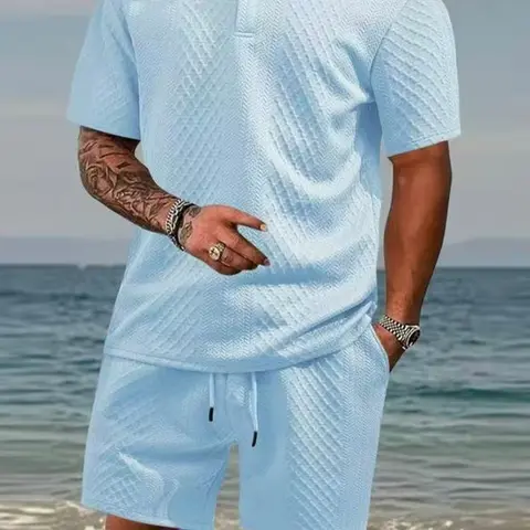 Men's Summer Tropical 2-Piece Clothing Set - V-Neck Textured Fabric Sleeved Shirt, Casual Sporty Loose-Fit Shorts, Breathable Elastane, Preppy Basics Menswear, Holiday Essential for Casual Sports
