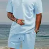 Men's Summer Tropical 2-Piece Clothing Set - V-Neck Textured Fabric Sleeved Shirt, Casual Sporty Loose-Fit Shorts, Breathable Elastane, Preppy Basics Menswear, Holiday Essential for Casual Sports