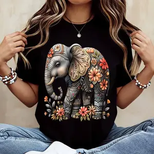 Floral Elephant Print T Shirt White Casual Loose Fit For Everyday Wear And Light Activities