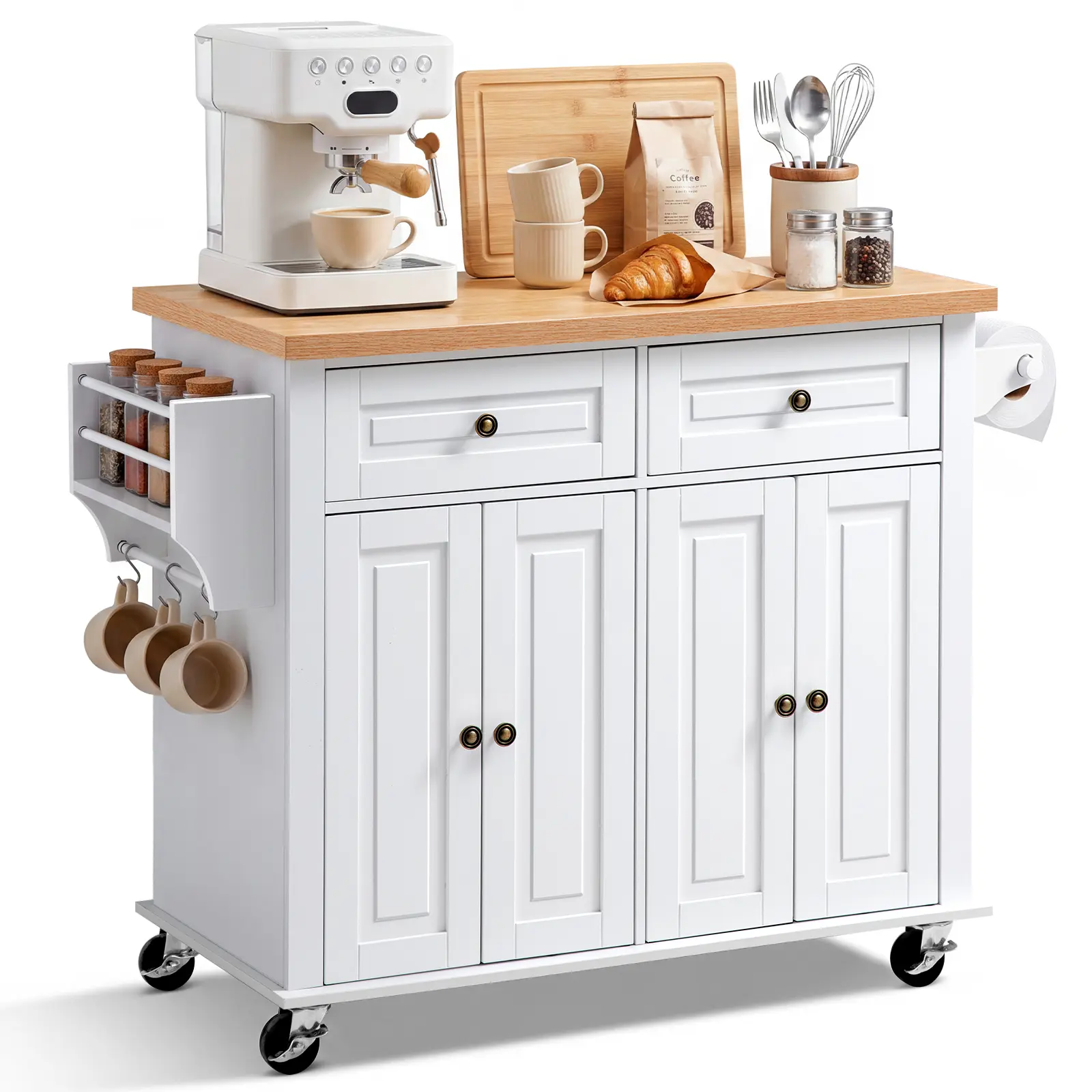 VEVOR Kitchen Island Cart with Storage - 43.7 in Wide Kitchen Cabinets, Engineered Wood, Reinforced Frame, 2 Drawers, Cabinet, Spice/Towel Rack, Hooks, Table, Adjustable Shelf, Swivel Caster Wheels for Home Dining Room, White#BacktoSchool