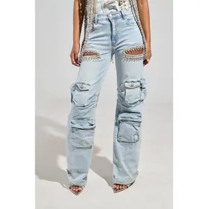 CALLING THE SHOTS CARGO DENIM WITH RHINESTONES