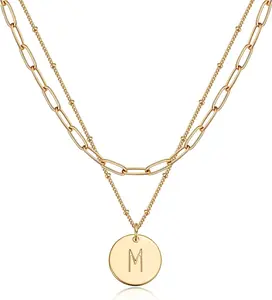 Initial Necklaces for Women 14K Gold Plated Dainty Letter Necklce Round Coin Disc Pendant Double Side Engraved A-Z Necklace Personalized Jewelry Gift for Women