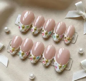 Nude Pink Press On Nails with Gold Cross and Pearl Beads, Elegant French Tips, Handmade Luxury Bridal Wedding, Minimal Chic Christian Nails
