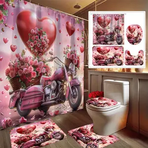 1/4pcs Valentine's Day Sweet Floral Pink Motorcycle Print Shower Curtain Set, Bathroom Decor Kit Includes Flat Sheet with Patterned Designs, Non-Slip Mat Toilet Lid Cover Rug and 12 Plastic Hooks. Home Accessories