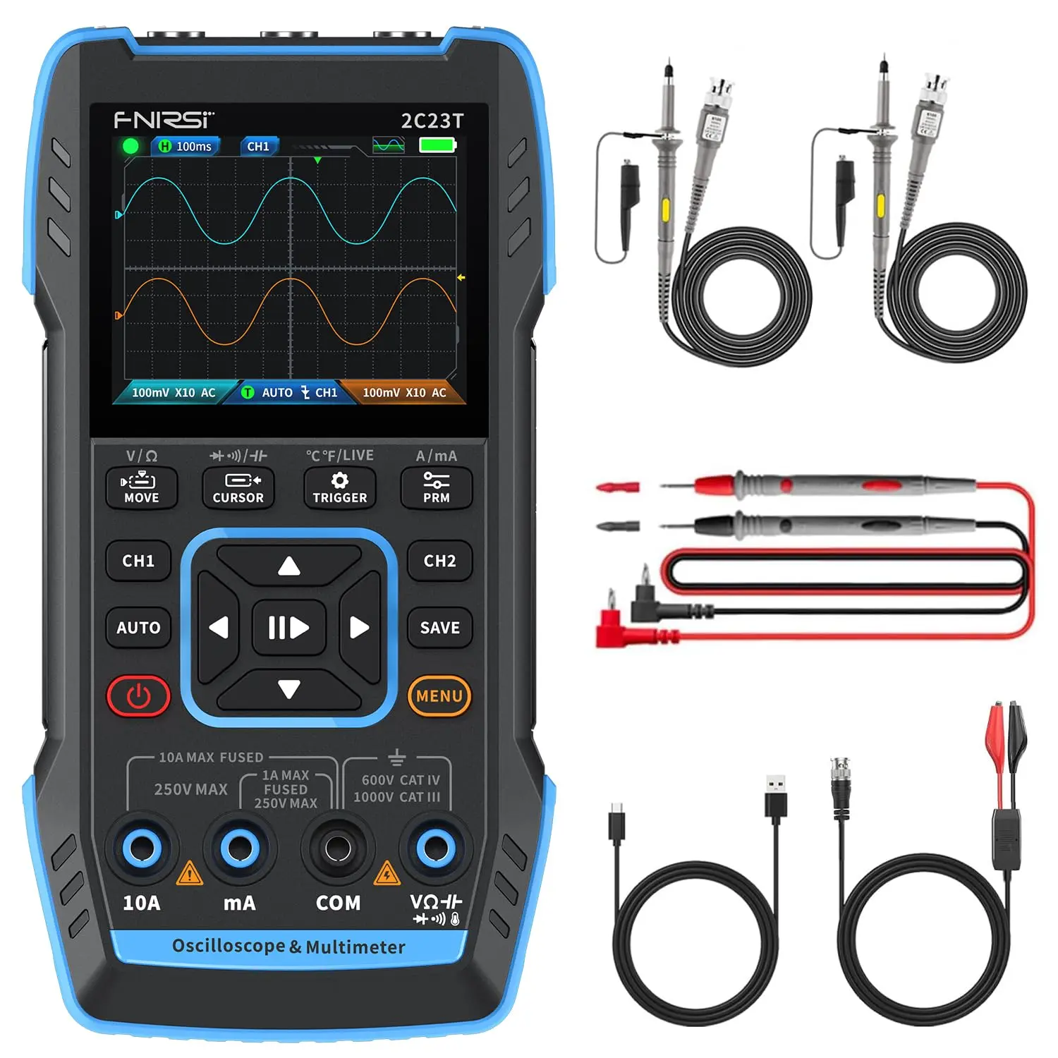 [Upgraded Model 2*P6100 Probe] FNIRSI 3 in1 Oscilloscope/Multimeter/DDS Signal Generator with 2 Channels, 10MHz Bandwidth, 50MSa/s Sampling Rate, 10000 Counts, Voltage, Current, Capacitor, Resistor