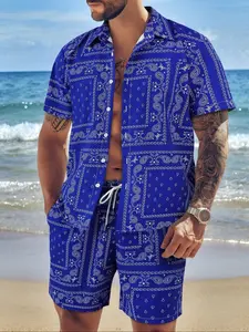 Men's Blue Paisley Print Shirt & Shorts Set, Casual Fitted Two-Piece, Single Button Front, Elastic Waistband, All Seasons Wear