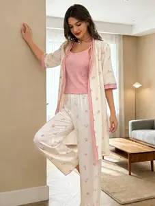 Soft Waffle Knit Pink Floral Pajama Set Women's Contrast Trim 3 Piece Sleepwear | Cozy Loungewear