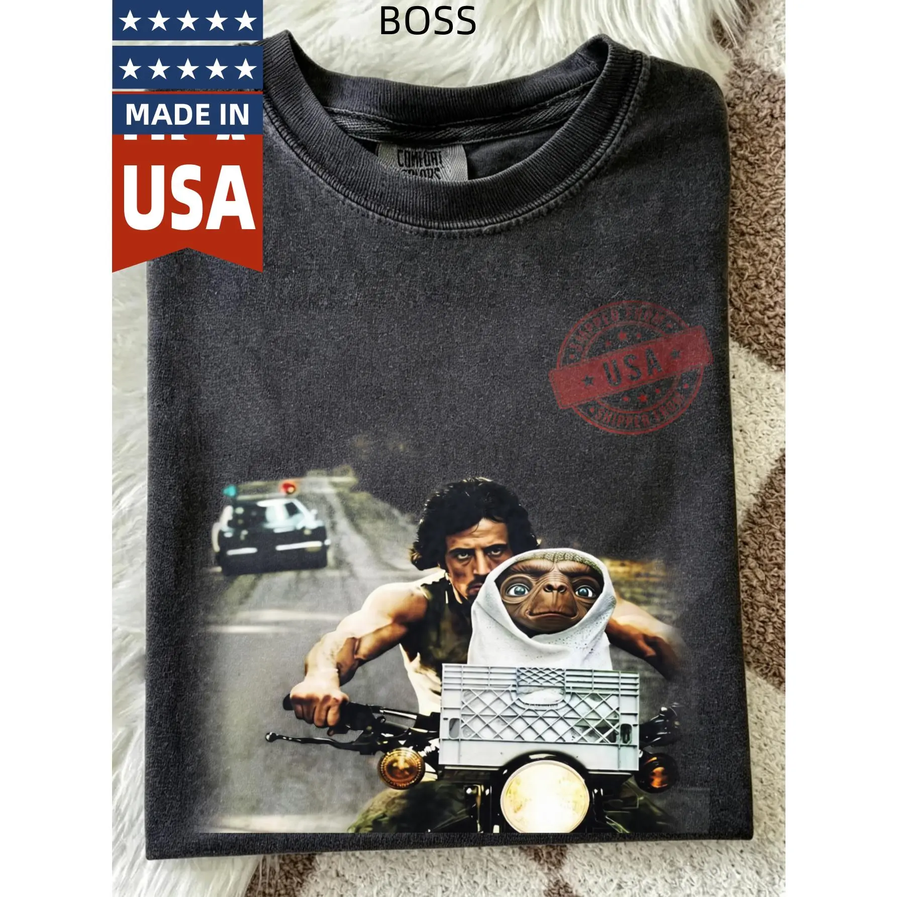 Men's Rambo E.T. Mashup Graphic T-Shirt - 80s Cult Classic Pulp Style, Soft Heavyweight Cotton, Relaxed Loose Round Neck, Casual Fit, Double-Stitched Seams, Garment Dyed, All Seasons Menswear Tee (S-4XL), Jacket