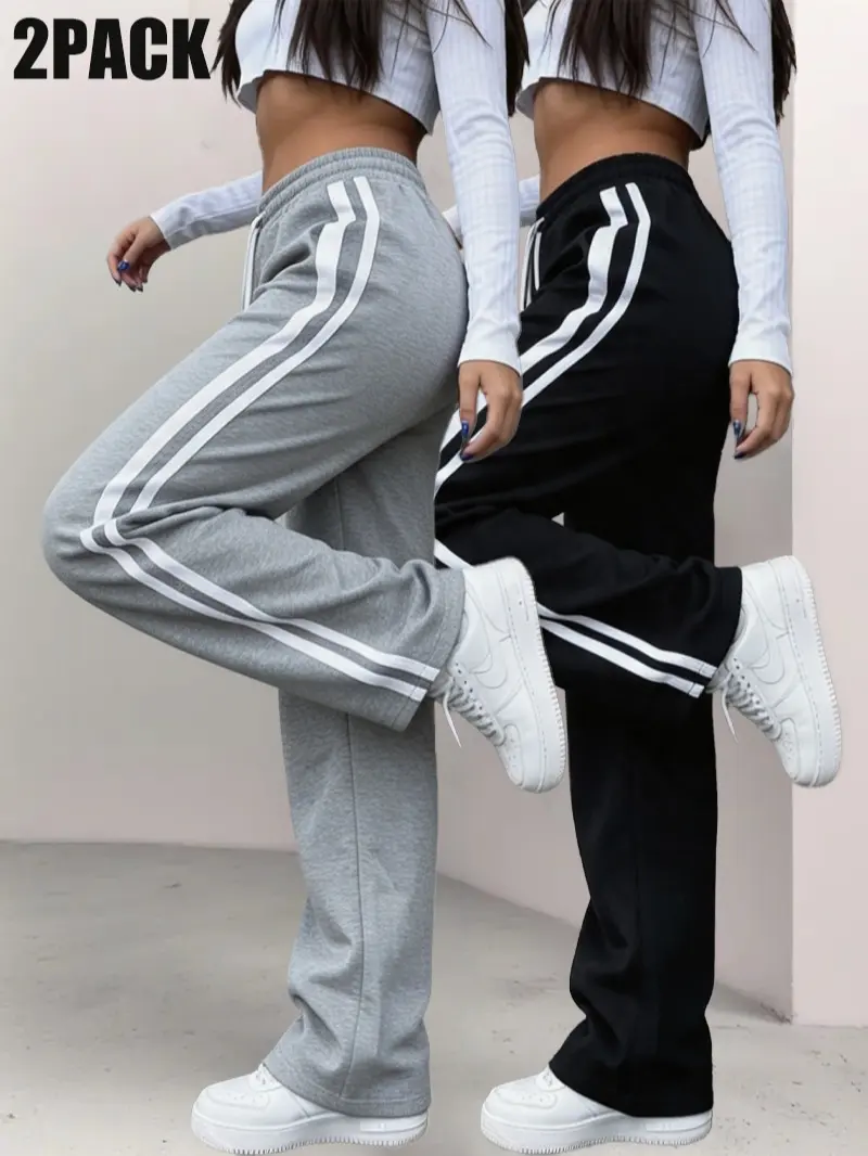 2-pack hot girl style women’s athletic sweatpants with side double white stripes, high waist with elastic drawstring, drapey straight-leg floor-length pants that flatter the figure; street casual, versatile solid color striped sports pants for spring/autu