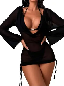 Black Sheer Mesh Long Sleeve Cover Up Dress, Bodycon See-Through Beach Tunic with Drawstring Hem, Slimming Swimsuit Cover-Up for Women
