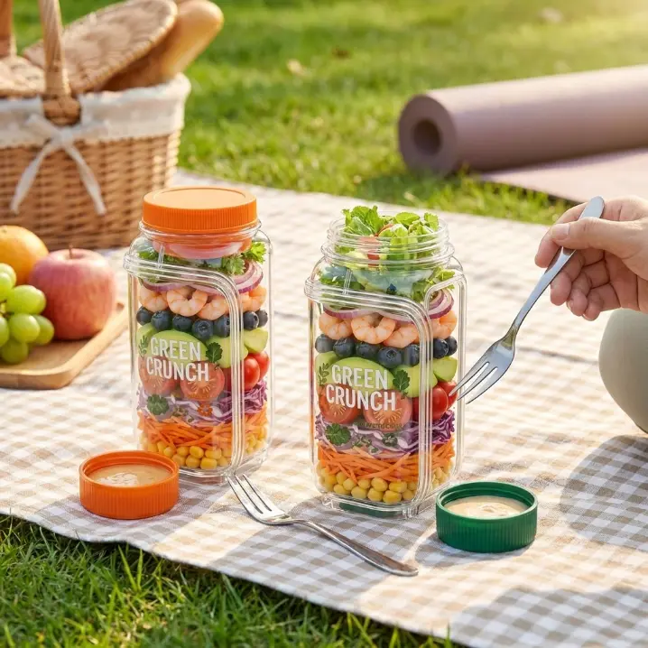 【2Pack】1000ml Large Salad bottles Salad Bowl Mason Jar with Side Opening & Dressing Compartment Leak-Proof Portable Container Microwave & Dishwasher Safe for Home Office Travel bento box