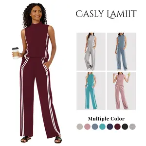 Women's 2-Piece Athletic Loungewear Set - Slim Silky Mock Neck Sleeveless Vest, Wide Leg Long Striped Pants, Summer Outfits for Gym & Travel, Casual Sports Tracksuits