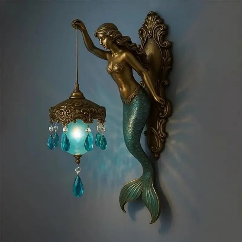 Vintage Ocean Theme Mermaid Wall Lamp Elegant Dreamy Bronze Bedroom Bedside Lamp Bedroom Dining Room Decoration, Mermaid Wall Lamp Door Window Decorations Home Creative Decorative Lighting Ambient Decor Lighting