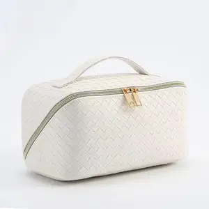 Large Capacity Travel Makeup Bag,Portable Waterproof Cosmetic Bag,PU Leather Checkered with Handle Divider Multifunctional Bag,Parallel Makeup Organizer Toiletry Bag for Women (White)
