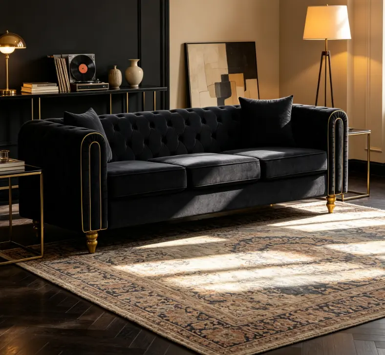 86" Chesterfield Style Velvet Loveseat Sofa - 3-Seater Comfortable Couch with Button Tufting, Rolled Arms, Gold Legs for Living Room Primary Space