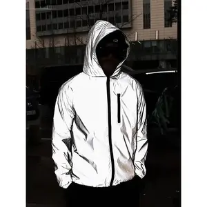 [Reflective Hooded Jacket] White Polyester Men's Reflective Hooded Jacket |   Street Style, Non-Stretch, Solid with Black Zippers & Logo Design, Long Sleeve, Flared Hem, Machine Washable for Spring/Fall, Fall Casual Wear