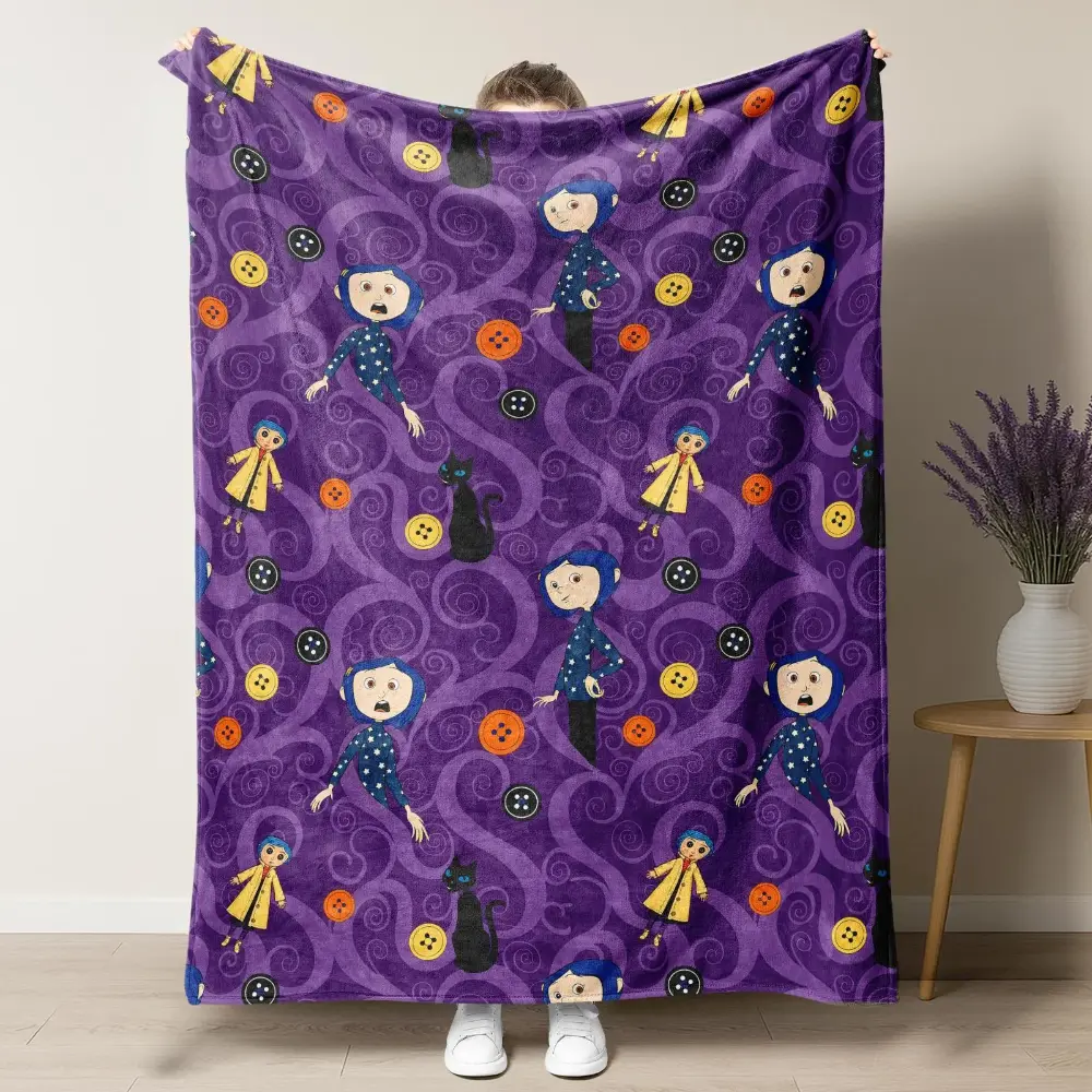 Soft Flannel Throw Blanket Coraline All Over Print Purple Swirl Black Cat Button Pattern Spooky Movie Fan Home Decor Best Friend Birthday Gift Cute Couple Gifts, Room Decor, Coraline Print, Flannel Fabric, Movie Nights
