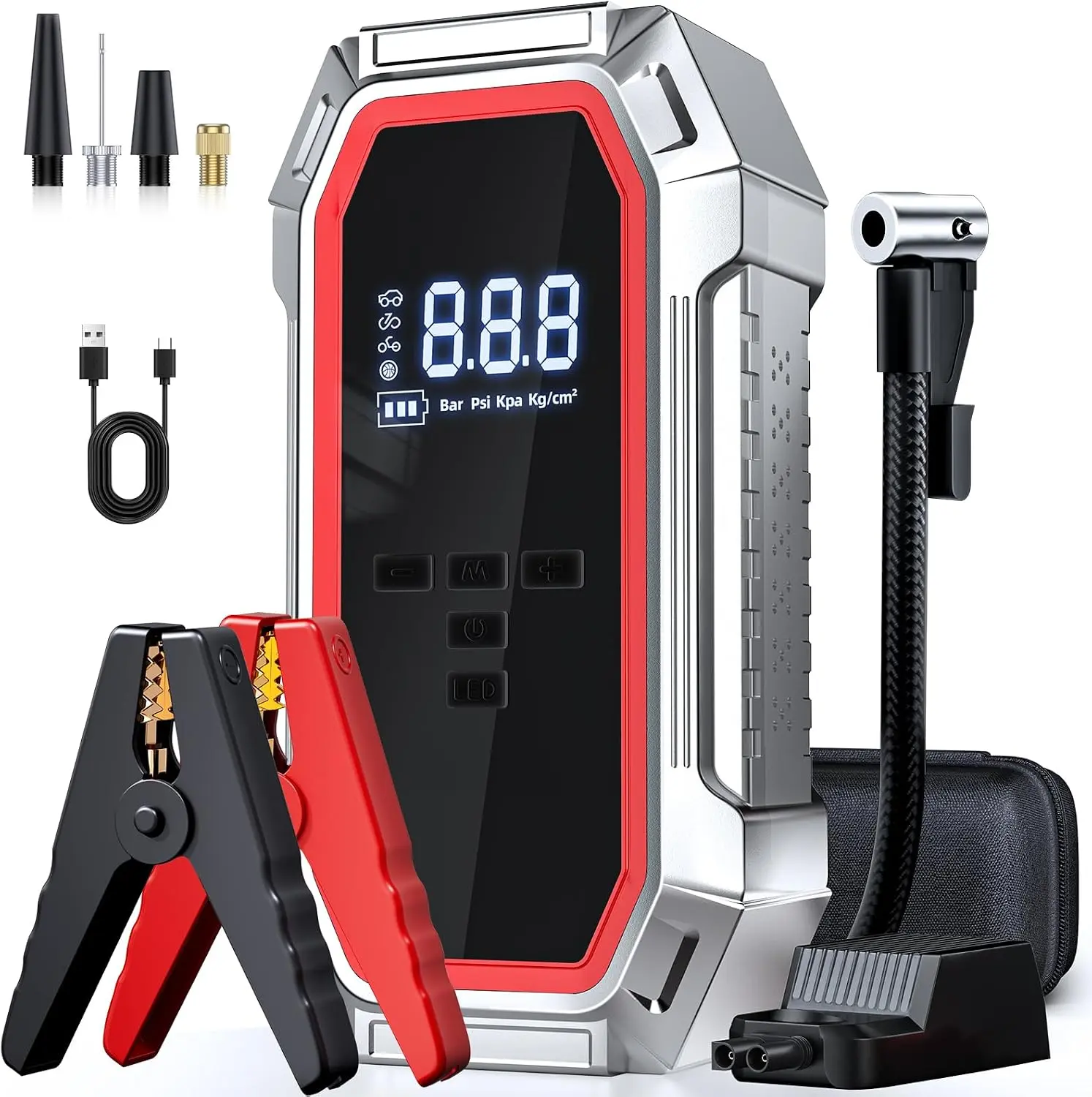 DIBMS Jump Starter with Air Compressor, 5000A Peak Car Battery Jump Starter(9.0 Gas/8.0L Diesel), 160PSI 12V Jump Box Car Battery Jumper Starter Portable with Smart Jumper Cables, LED Lights, LCD Display