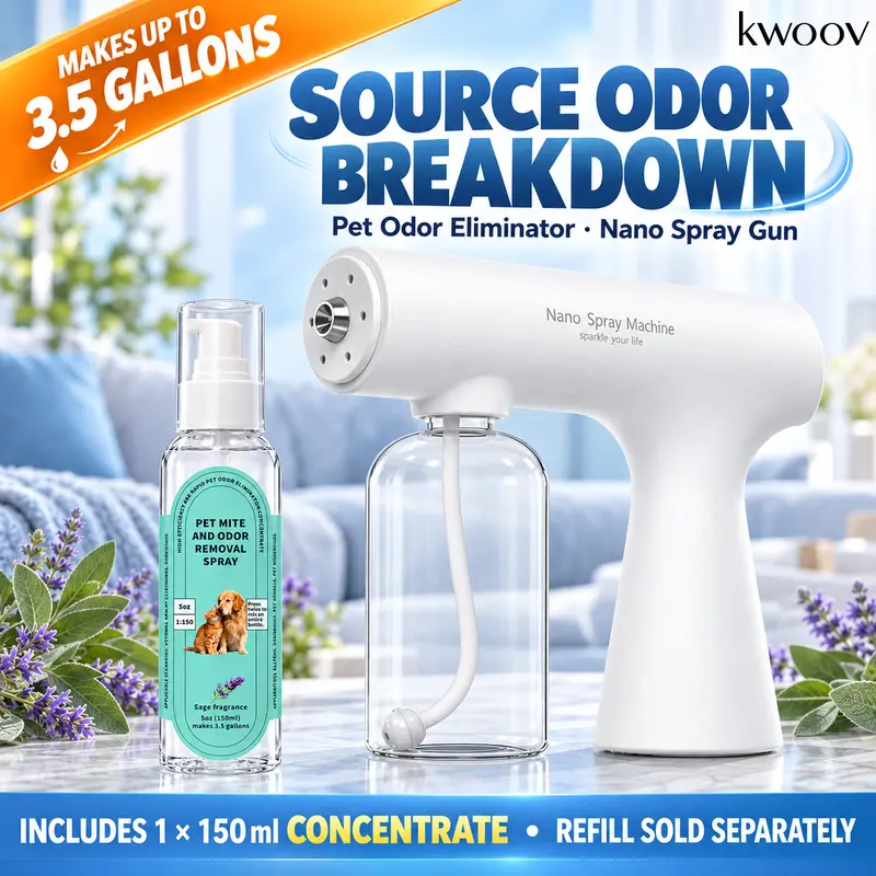 KWOOV Bio-Enzyme Pet Odor Control Concentrate (Sage Scent) for Dogs-Cats, 150mL Makes Up to 3.96 gal, 2 Pumps + Water Mix, Neutralizes Odors, Even Spray-Nano Mist Coverage, Home-Car Use