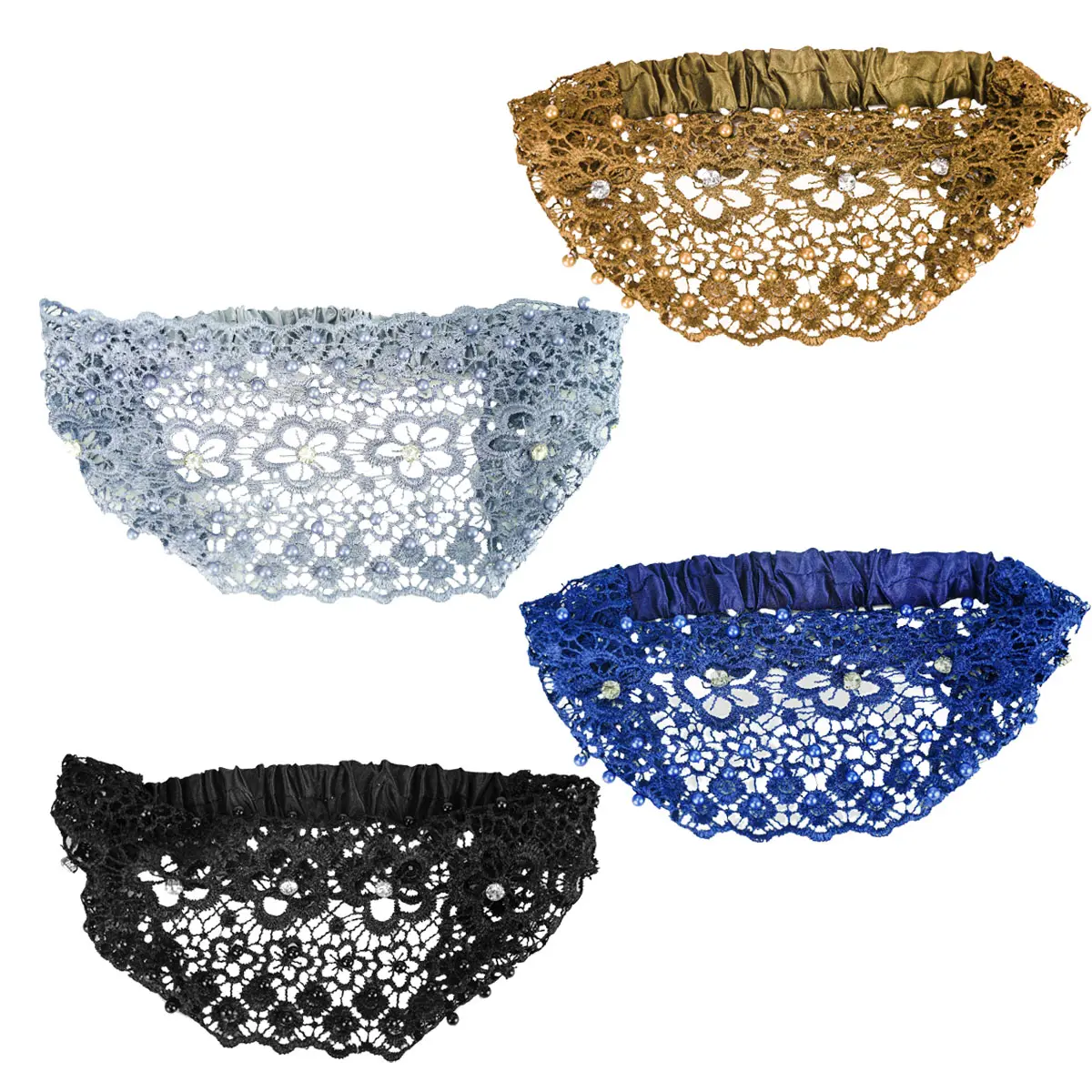 Women's Bohemian Lace Headbands - 4-Pack Wide Hollow Lace Hair Accessories with Faux Pearls, Stretch Cotton-Polyester Blend, Airy Texture, Party-Ready Boho Accent for Female 2025 Summer Dresses & Everyday Wear