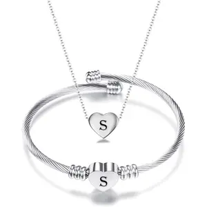 Heart Name Necklace and Bracelet for Women Stainless Steel A-Z letters Initial Statement Jewelry Set for Mother's Day