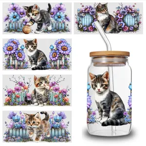 5 Sheets Cute Kitten UV DTF Stickers UV DTF Transfer Suitable for Mugs, Glass Jars, Coffee Cups - Sparkling Wraps, Application, for DIY Crafts, Parties, Weddings, Birthdays (No Substrate Limitations)