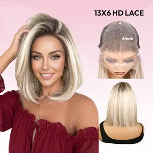 VSIGN 13x6 HD lace Front Glueless Ombre Ash Blonde Mixed Brown and Blonde Color Bob Style Birthday Gift Summervibes Natural Looking Synthetic Heat Resistant Fiber For Women Vacation Holiday Travel Wig Soft Bob