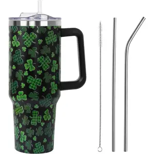 St Patricks Day Gifts 40 oz Tumbler with Handle and Straw Lid,Cute St Patrick's Day Spring Gift for Women Men Black Shamrock Vacuum Insulated Leak Proof Stainless Steel Coffee Cup Mug