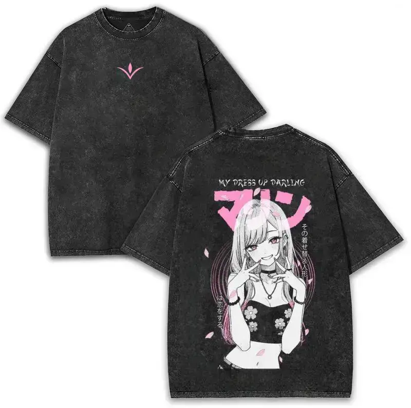 [KM 100%cotton]men's t shirts My Dress-Up Darling Marin Kitagawa 230GSM Heavyweight Washed Oversized T-Shirt, Pink Sakura Back Print Anime Waifu Graphic Tee,funny graphic tee,funny shirts men,humor graphic tee Streetwear,graphic tee humorous tshirt