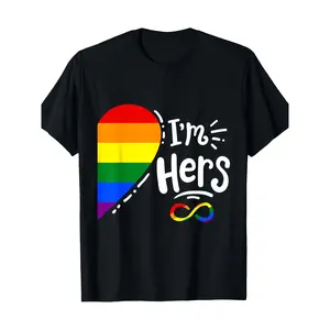 Men's 100% Cotton Round Neck Shortsleeve Crew Neck LGBTQ Pride Matching Couples T-Shirt - I'm Hers Rainbow Heart & Infinity Print, High Stretch Knit, Casual Menswear Streetwear All-Season Comfort Pullover