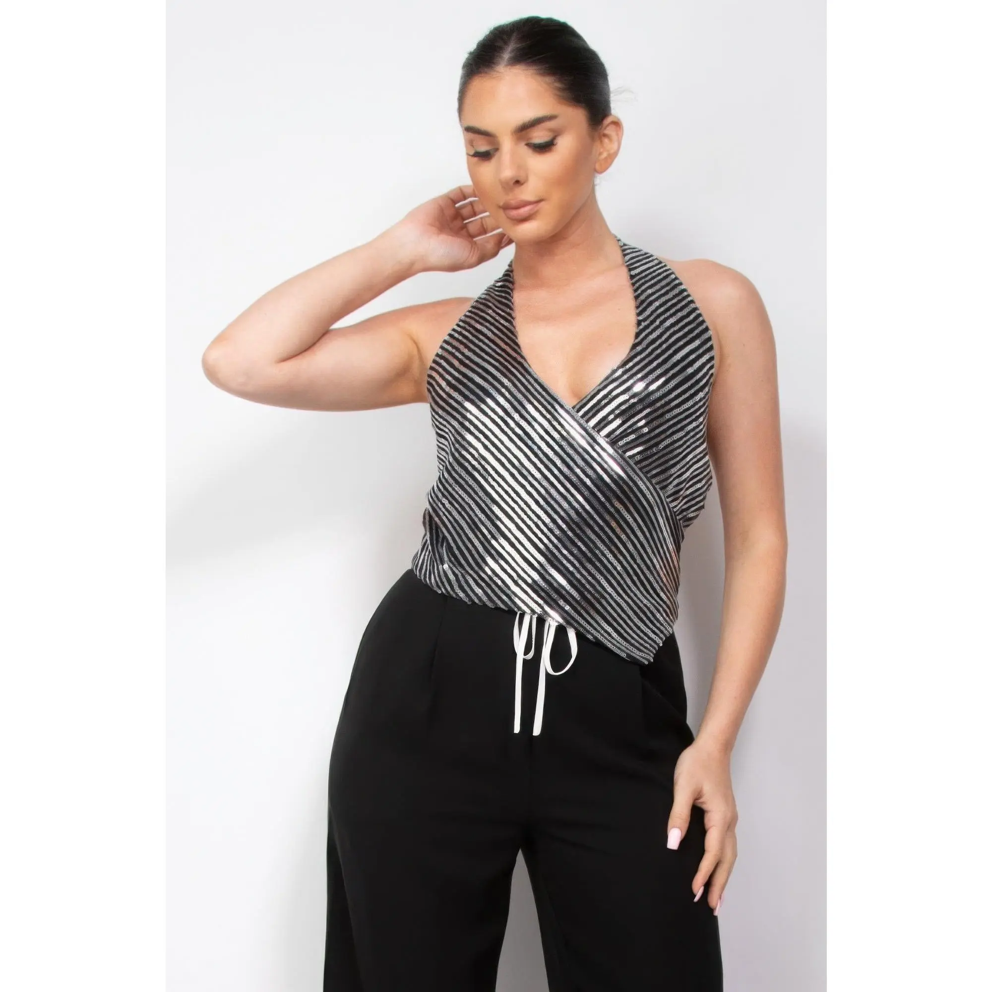 Surplice Halter Sequin Top