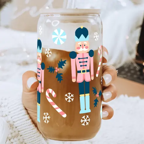 Christmas Nutcracker 40oz Glass Tumbler with Handle, Bamboo Lid & Straw