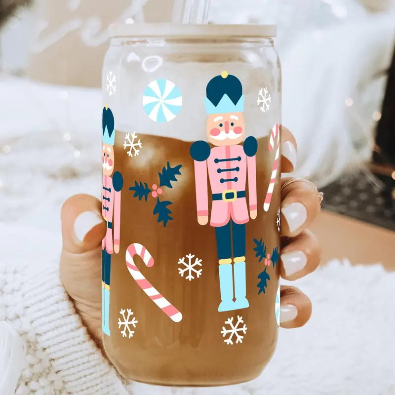 Christmas Nutcracker 40oz Glass Tumbler with Handle, Bamboo Lid & Straw