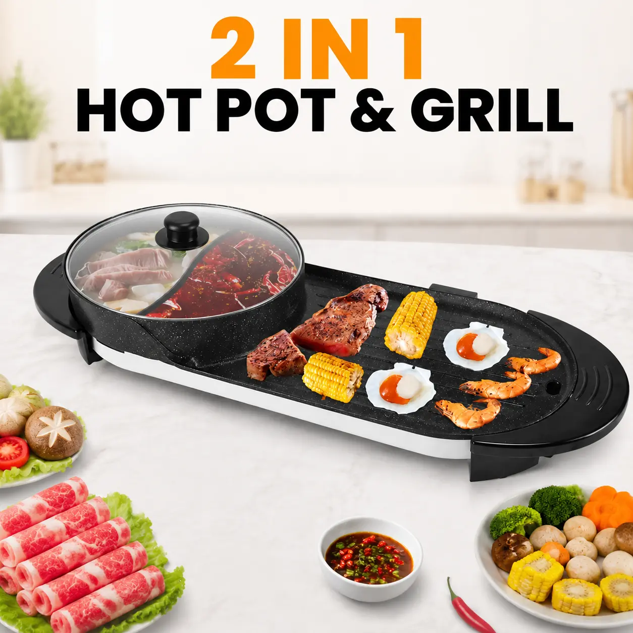 2200W Smokeless Non-Stick Aluminum 2-In-1 Electric Hot Pot & BBQ Grill Cooker, 5 Heat Settings for Camping, Home Use -4914