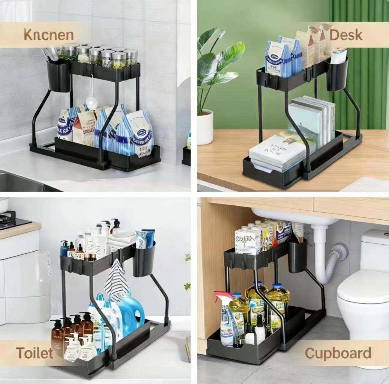 2-Tier Under Sink Organizer with Side Holder | Slide-out Kitchen Storage Rack with Hooks | Multi-use Carbon Steel Cabinet Organizer for Kitchen Bathroom #UnderSinkOrganizer #KitchenOrganization