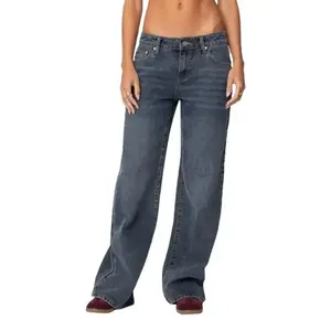 Women’s Low Rise Washed Jeans Vintage Wide Leg Loose Denim Pants Baggy Trousers with Pockets Dark Gray High- Jeans Mixed With T-Shirts, Youthful And Dynamic Down The Street