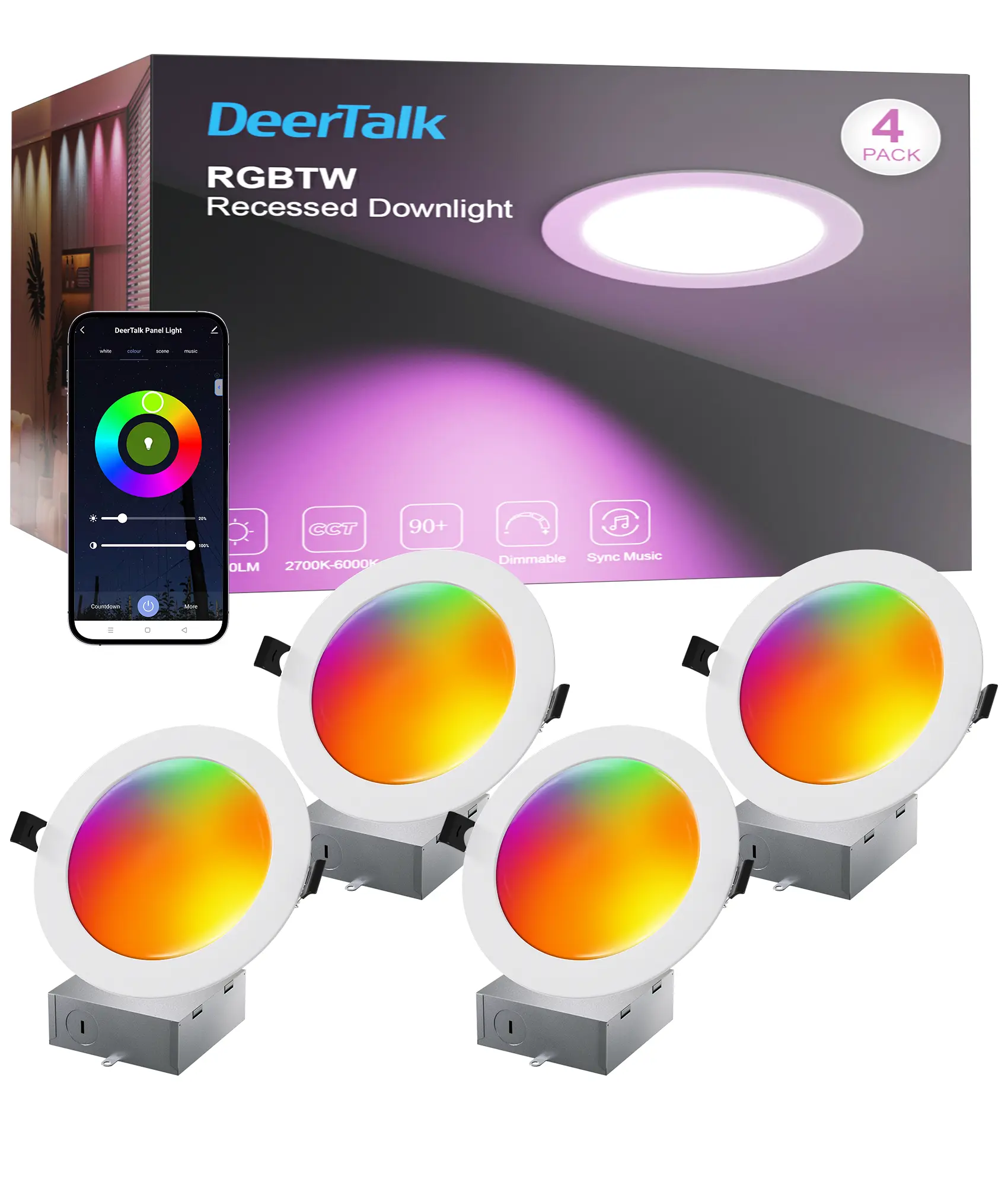 6 Inch Smart Recessed LED Lighting 4 Pack, 1200LM RGBCW Dimmable Can Lights with App/Voice Control, Works with Alexa & Google, Timer & Music Sync Smart Ceiling Lights