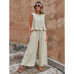Women's Solid Ruffle Hem Tank Top & Elastic Waist Wide Leg Pants Set, Casual Fake Buttons Round Neck Top & Pocket Trousers, Ladies Summer Clothes, Casual Lounge Set