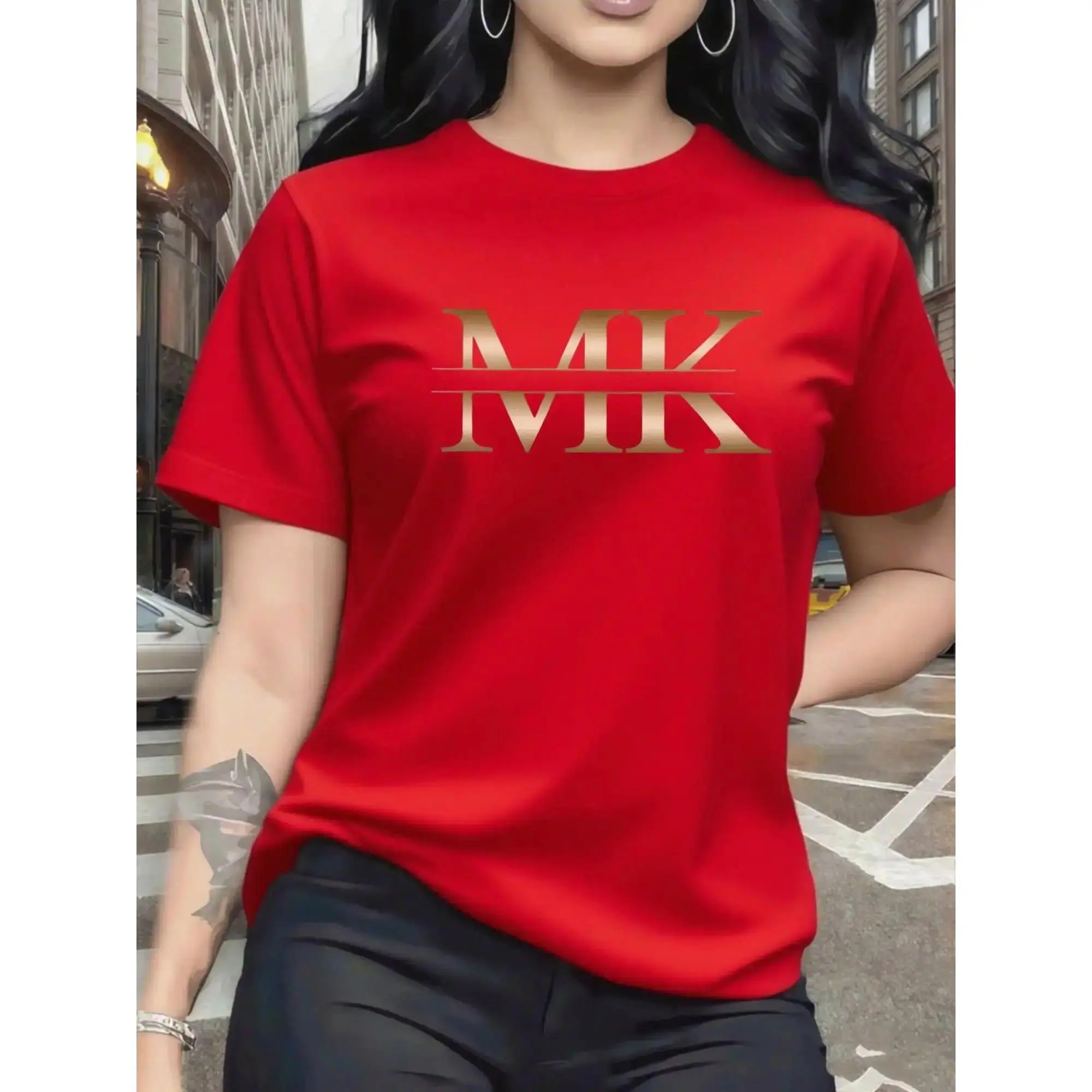 Women's Red 100% Cotton Short Sleeve Round Neck T-Shirt with Gold Graphic Print, Classic Fit Casual Streetwear Tshirt for Daily Wear