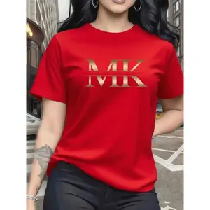 Women's 100% Cotton Red Short Sleeve Round Neck T-Shirt, Chic Gold MK Graphic Tee, Stylish Vibrant Lady Top for Casual Daily Wear & Outings, Basic Flat Printed Smooth Clothes