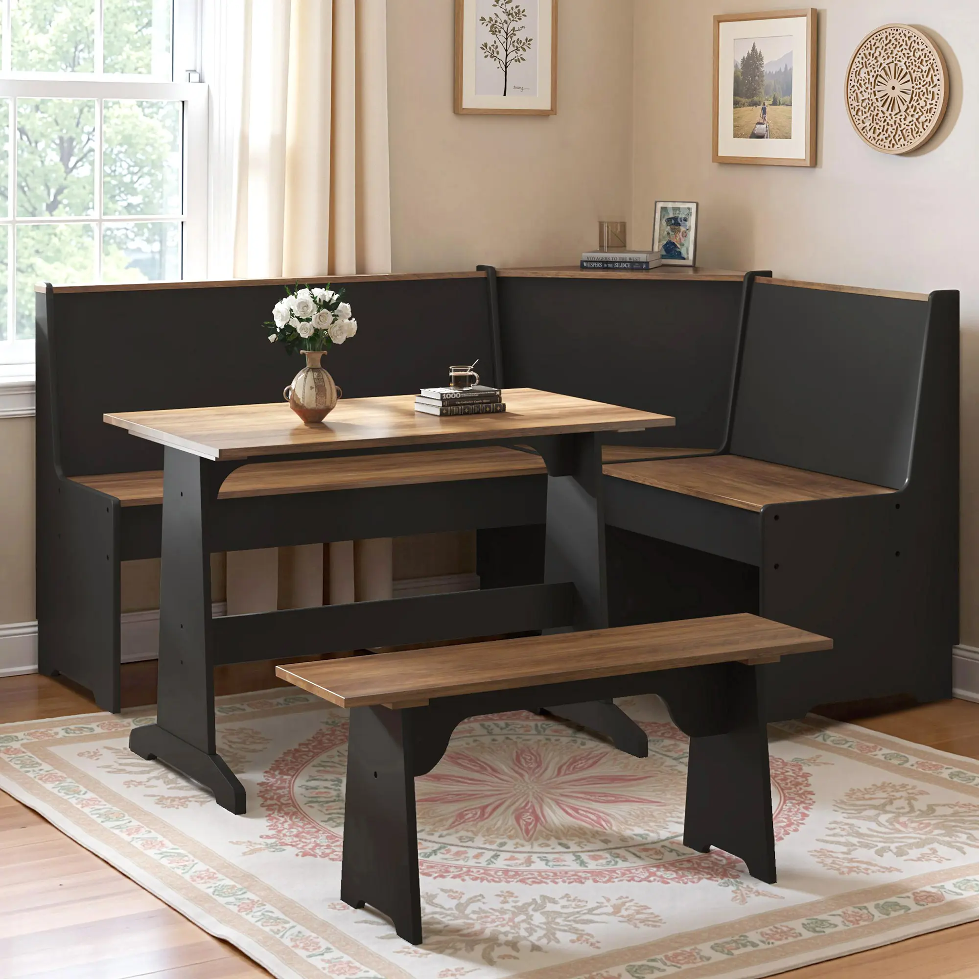 [Ships in 2 Boxes] [TiktokShopStockUp] ALBOTT 3-Piece Corner Dining Set with Hidden Storage, L-Shaped Corner Bench, Breakfast Nook, Hidden Storage, Space Saving Design for Small Space, Kitchen Dining Room Furniture