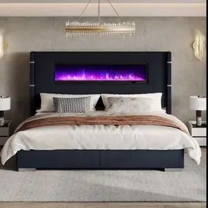PaPaJet Modern Platform Bed Frame with Electric Fireplace – Extra Tall Headboard, USB Flames, Wingback Design
